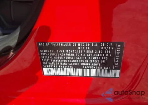 2015 Volkswagen Jetta 2.0L S из США, поврежденный, VIN 3VW2K7AJ1FM324175